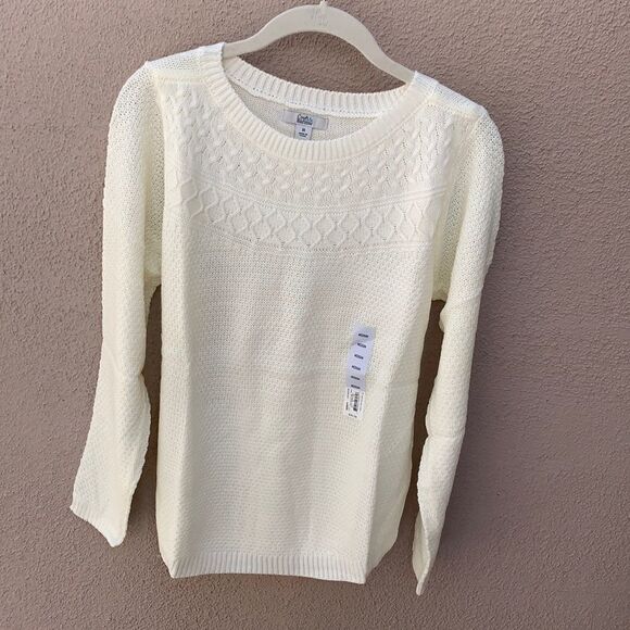 Croft & Barrow Women Sweater Cable Yolk Sweater Large Coconut White Lightweight - Picture 1 of 10